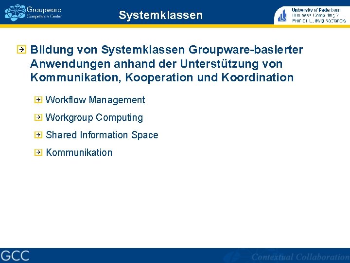 Systemklassen Bildung von Systemklassen Groupware-basierter Anwendungen anhand der Unterstützung von Kommunikation, Kooperation und Koordination