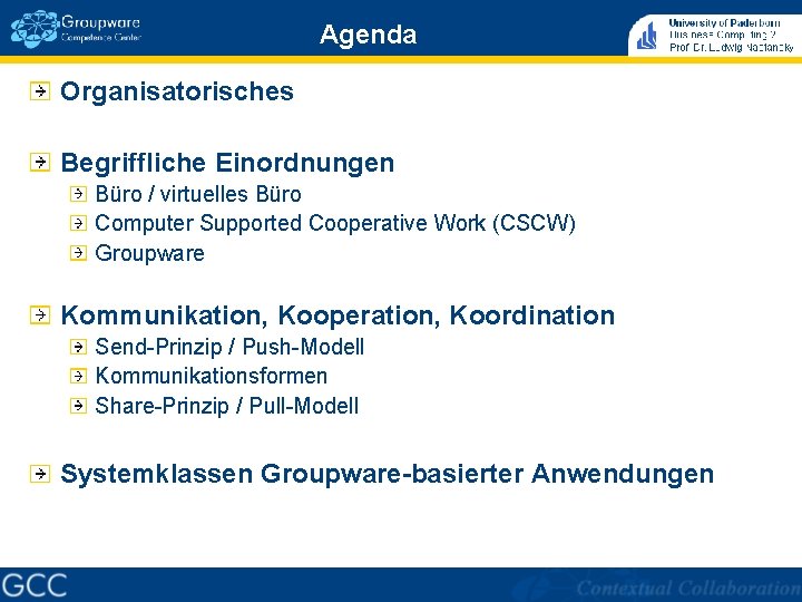 Agenda Organisatorisches Begriffliche Einordnungen Büro / virtuelles Büro Computer Supported Cooperative Work (CSCW) Groupware