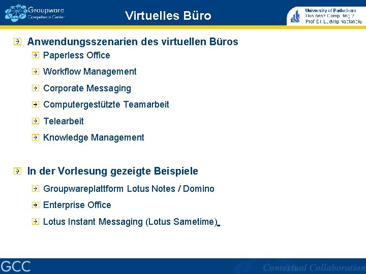 Virtuelles Büro Anwendungsszenarien des virtuellen Büros Paperless Office Workflow Management Corporate Messaging Computergestützte Teamarbeit Virtuelles Büro Anwendungsszenarien des virtuellen Büros Paperless Office Workflow Management Corporate Messaging Computergestützte Teamarbeit