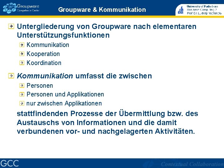 Groupware & Kommunikation Untergliederung von Groupware nach elementaren Unterstützungsfunktionen Kommunikation Kooperation Koordination Kommunikation umfasst