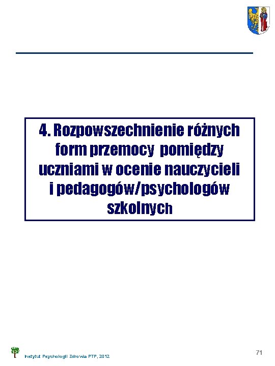 4. Rozpowszechnienie różnych form przemocy pomiędzy uczniami w ocenie nauczycieli i pedagogów/psychologów szkolnych Instytut