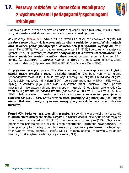 7. 2. Postawy rodziców w kontekście współpracy z wychowawcami i pedagogami/psychologami szkolnymi Badanych pytano