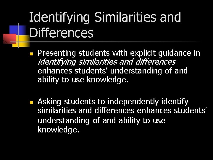 Identifying Similarities and Differences n Presenting students with explicit guidance in identifying similarities and