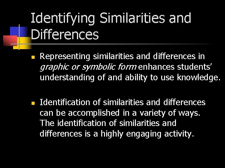Identifying Similarities and Differences n n Representing similarities and differences in graphic or symbolic