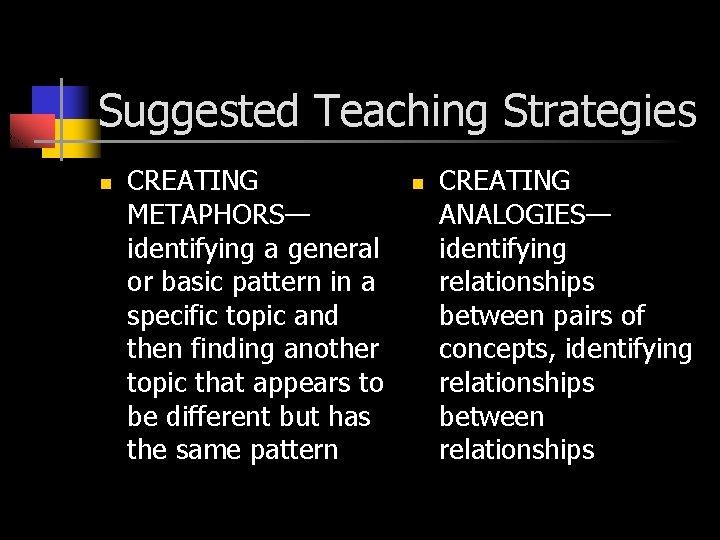 Suggested Teaching Strategies n CREATING METAPHORS— identifying a general or basic pattern in a