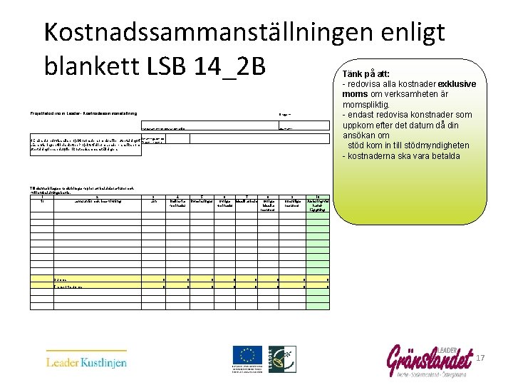 Kostnadssammanställningen enligt blankett LSB 14_2 B Projektstöd inom Leader- Kostnadssammanställning Bilaga nr Klardatum enligt