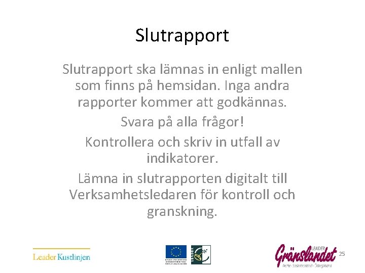  Slutrapport ska lämnas in enligt mallen som finns på hemsidan. Inga andra rapporter