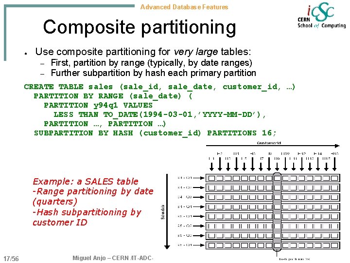 Advanced Database Features Composite partitioning ● Use composite partitioning for very large tables: –