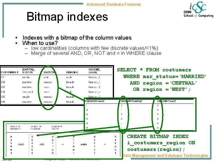 Advanced Database Features Bitmap indexes • Indexes with a bitmap of the column values