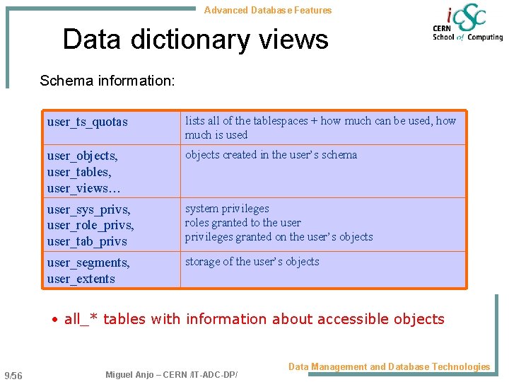 Advanced Database Features Data dictionary views Schema information: user_ts_quotas lists all of the tablespaces