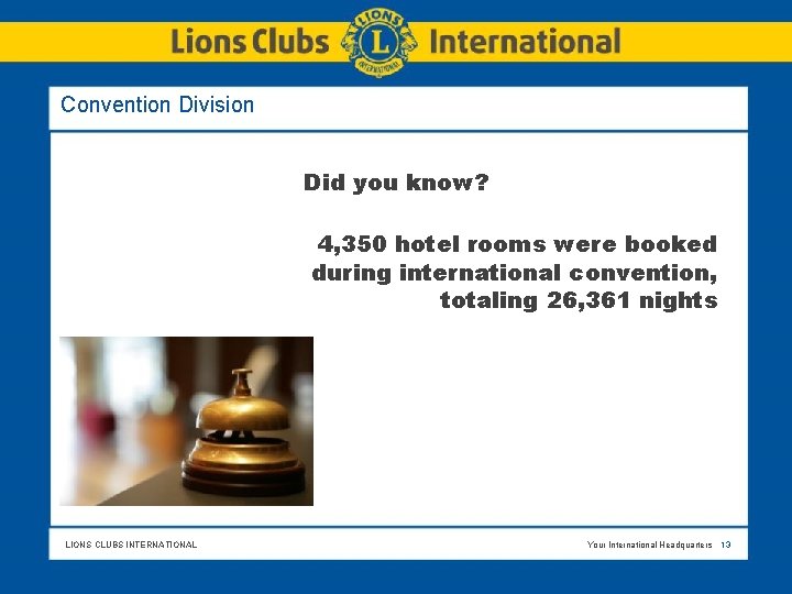 Convention Division Did you know? 4, 350 hotel rooms were booked during international convention,
