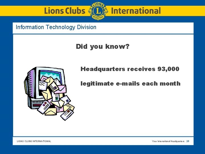 Information Technology Division Did you know? Headquarters receives 93, 000 legitimate e-mails each month