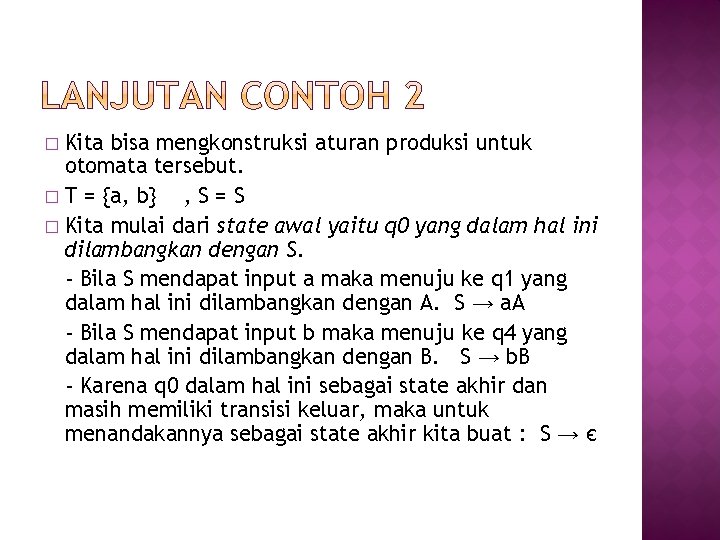 Kita bisa mengkonstruksi aturan produksi untuk otomata tersebut. � T = {a, b} ,