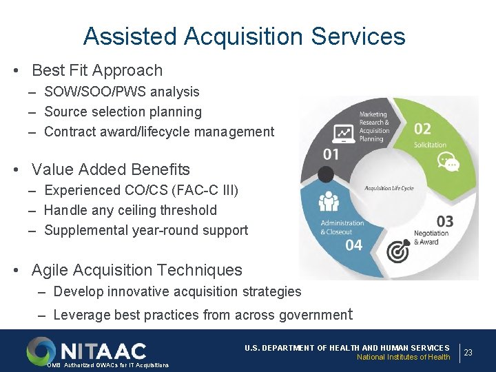 Assisted Acquisition Services • Best Fit Approach – SOW/SOO/PWS analysis – Source selection planning