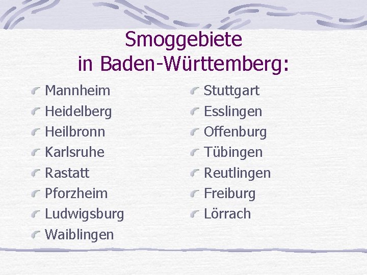 Smoggebiete in Baden-Württemberg: Mannheim Heidelberg Heilbronn Karlsruhe Rastatt Pforzheim Ludwigsburg Waiblingen Stuttgart Esslingen Offenburg