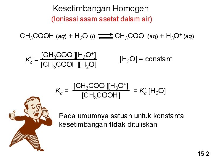 Kesetimbangan Homogen (Ionisasi asam asetat dalam air) CH 3 COOH (aq) + H 2