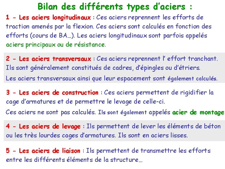 Bilan des différents types d’aciers : 1 - Les aciers longitudinaux : Ces aciers