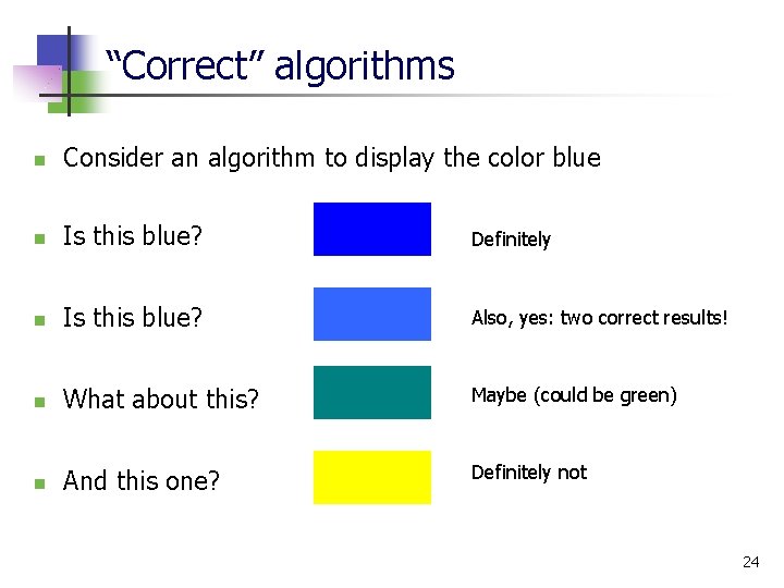 “Correct” algorithms n Consider an algorithm to display the color blue n Is this