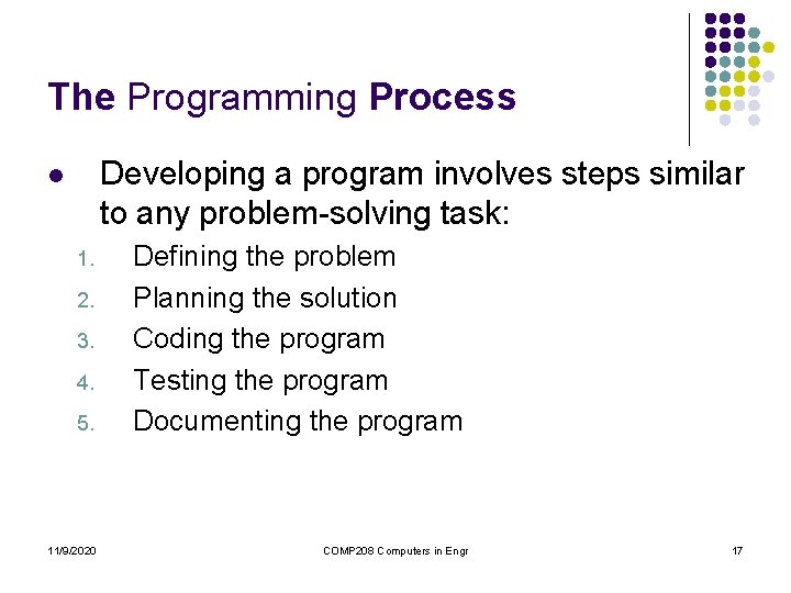 The Programming Process Developing a program involves steps similar to any problem-solving task: l The Programming Process Developing a program involves steps similar to any problem-solving task: l