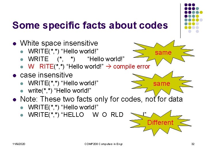 Some specific facts about codes l White space insensitive l l case insensitive l Some specific facts about codes l White space insensitive l l case insensitive l