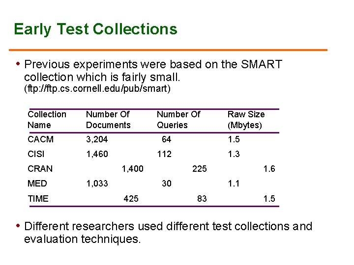Early Test Collections • Previous experiments were based on the SMART collection which is