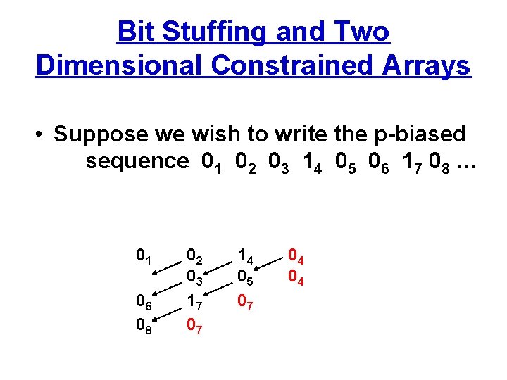 Bit Stuffing and Two Dimensional Constrained Arrays • Suppose we wish to write the