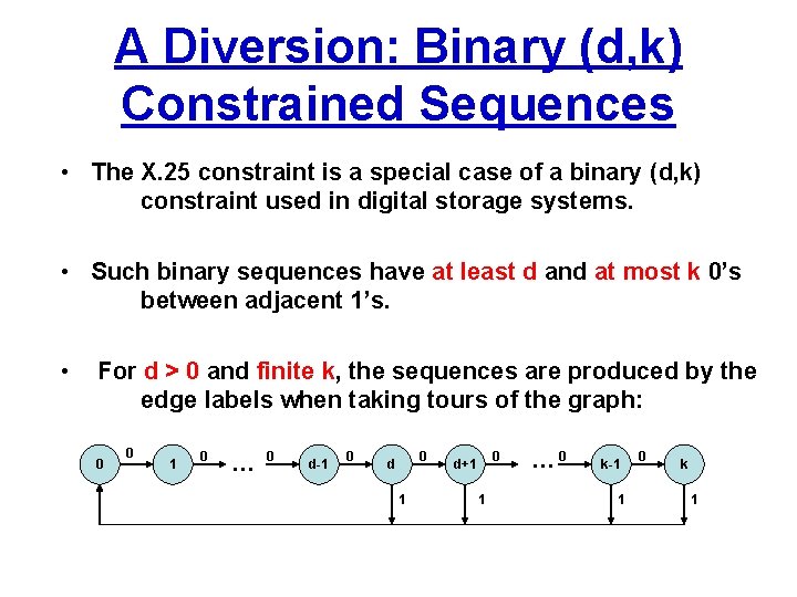 A Diversion: Binary (d, k) Constrained Sequences • The X. 25 constraint is a