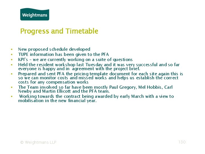 Progress and Timetable ▪ ▪ ▪ ▪ New proposed schedule developed TUPE information has