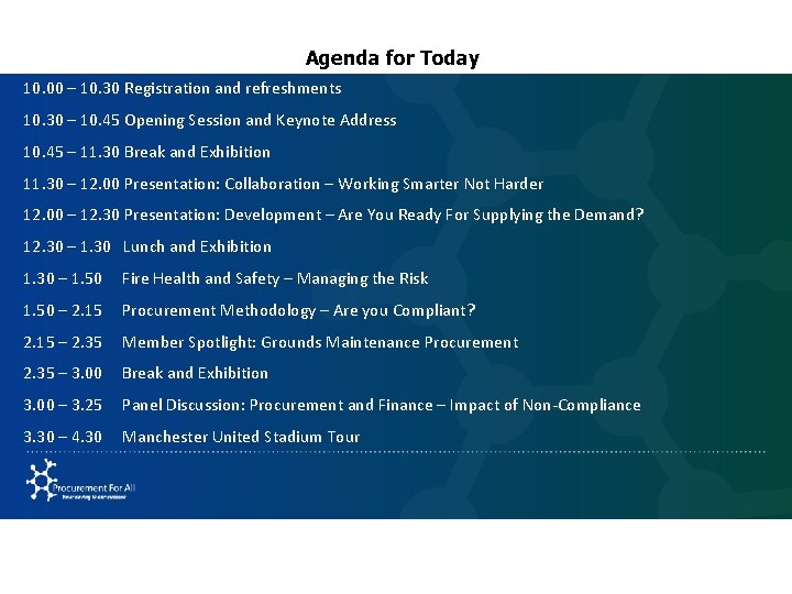 Agenda for Today 10. 00 – 10. 30 Registration and refreshments 10. 30 –