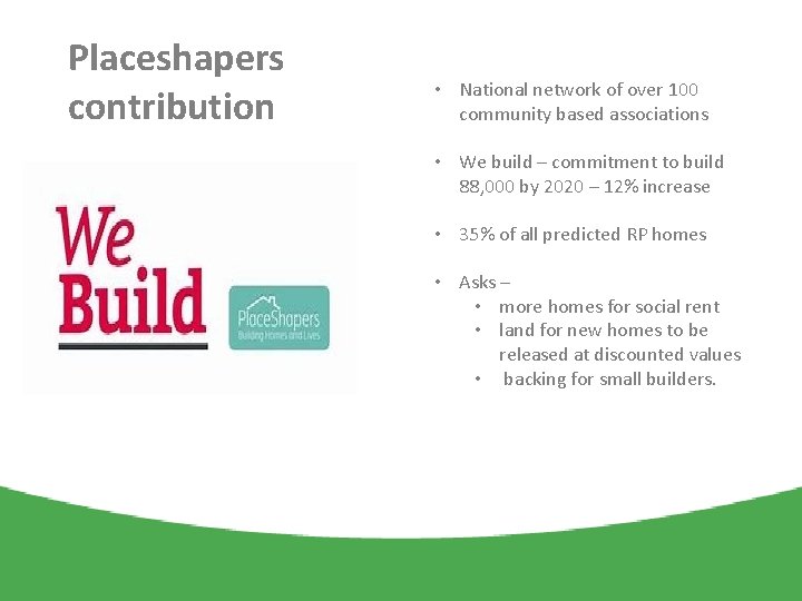 Placeshapers contribution • National network of over 100 community based associations • We build