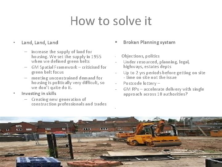 How to solve it • • Land, Land – increase the supply of land