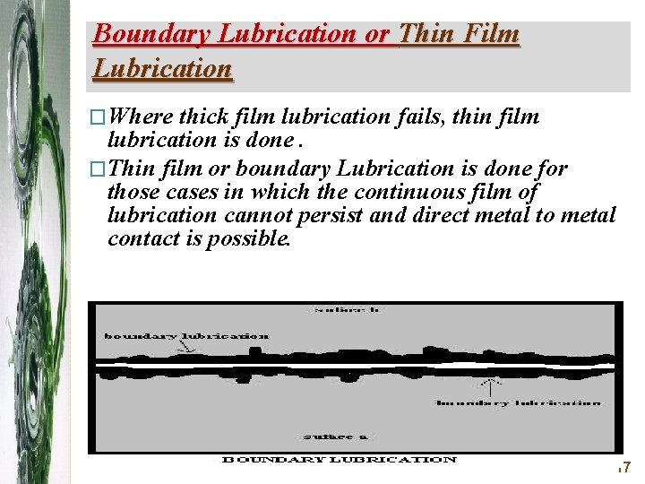 Boundary Lubrication or Thin Film Lubrication �Where thick film lubrication fails, thin film lubrication