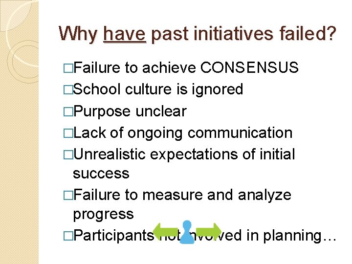 Why have past initiatives failed? �Failure to achieve CONSENSUS �School culture is ignored �Purpose