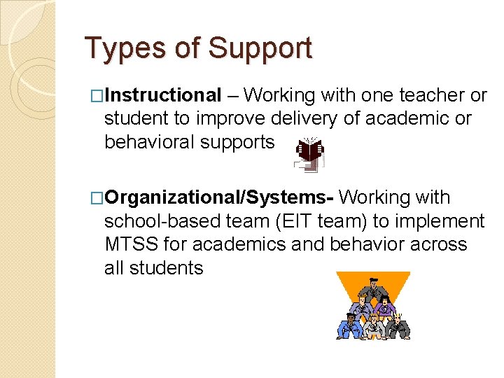 Types of Support �Instructional – Working with one teacher or student to improve delivery