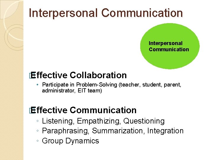 Interpersonal Communication � Effective Collaboration • Participate in Problem-Solving (teacher, student, parent, administrator, EIT