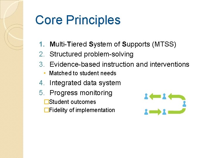 Core Principles 1. Multi-Tiered System of Supports (MTSS) 2. Structured problem-solving 3. Evidence-based instruction