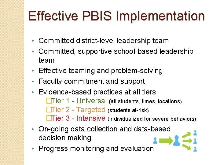 Effective PBIS Implementation • • Committed district-level leadership team Committed, supportive school-based leadership team