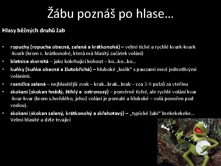Žábu poznáš po hlase… Hlasy běžných druhů žab • • • ropuchy (ropucha obecná,