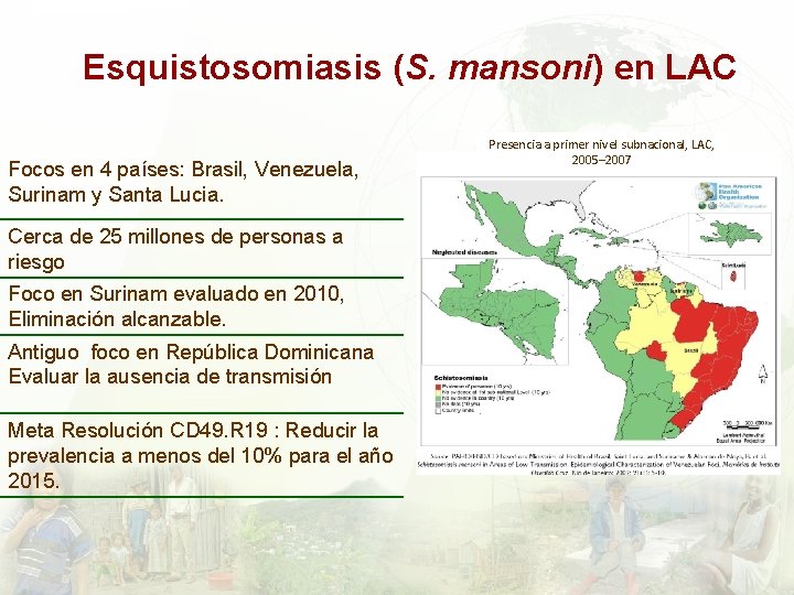 Esquistosomiasis (S. mansoni) en LAC Focos en 4 países: Brasil, Venezuela, Surinam y Santa