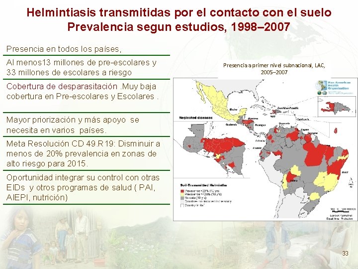 Helmintiasis transmitidas por el contacto con el suelo Prevalencia segun estudios, 1998– 2007 Presencia