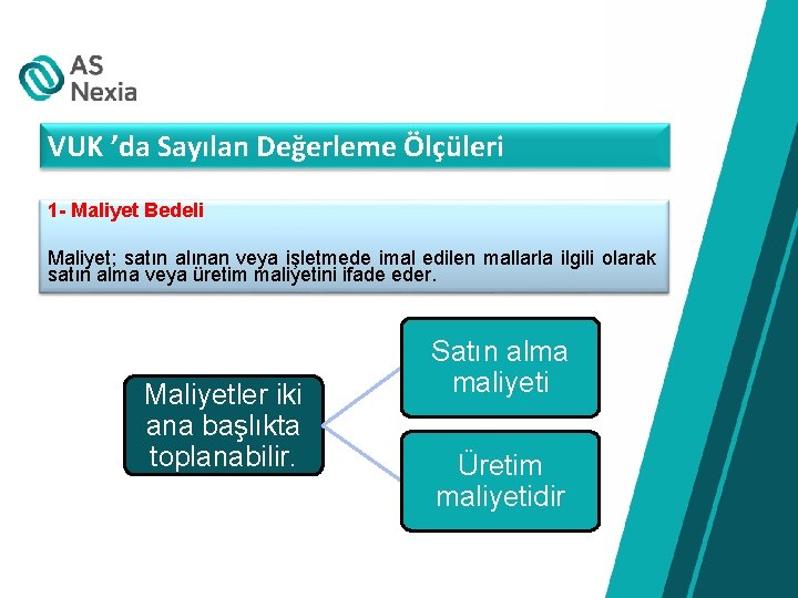 VUK ’da Sayılan Değerleme Ölçüleri 1 - Maliyet Bedeli Maliyet; satın alınan veya işletmede