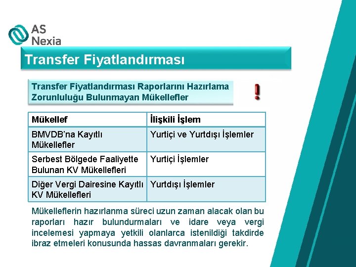 Transfer Fiyatlandırması Raporlarını Hazırlama Zorunluluğu Bulunmayan Mükellefler Mükellef İlişkili İşlem BMVDB’na Kayıtlı Mükellefler Yurtiçi