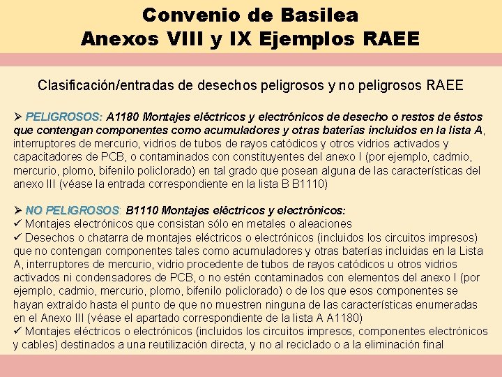 Convenio de Basilea Anexos VIII y IX Ejemplos RAEE Clasificación/entradas de desechos peligrosos y