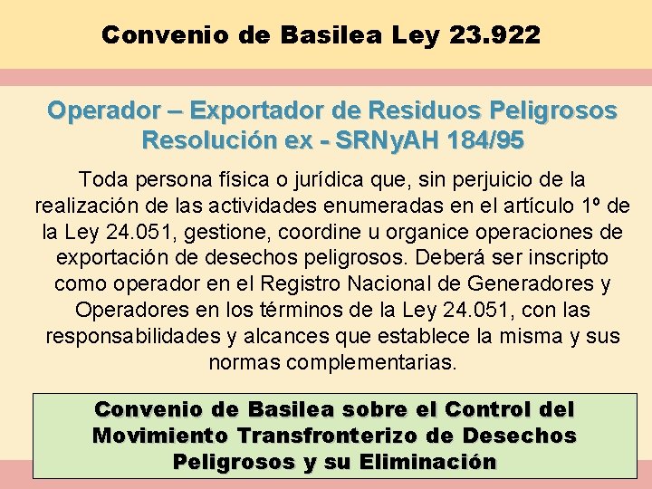 Convenio de Basilea Ley 23. 922 Operador – Exportador de Residuos Peligrosos Resolución ex