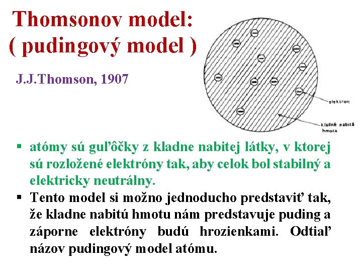 Thomsonov model: ( pudingový model ) J. J. Thomson, 1907 § atómy sú guľôčky
