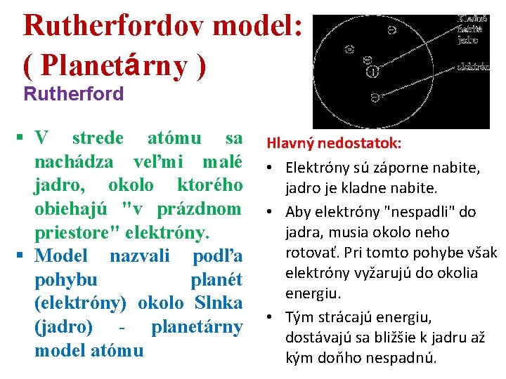 Rutherfordov model: ( Planetárny ) Rutherford § V strede atómu sa nachádza veľmi malé