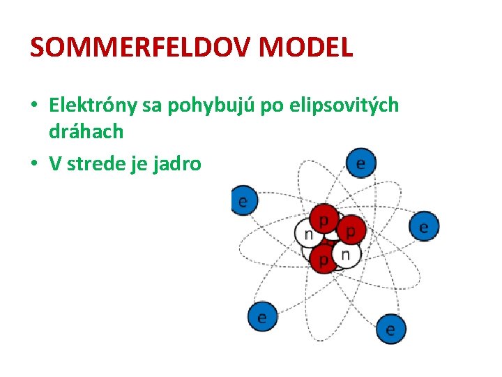 SOMMERFELDOV MODEL • Elektróny sa pohybujú po elipsovitých dráhach • V strede je jadro