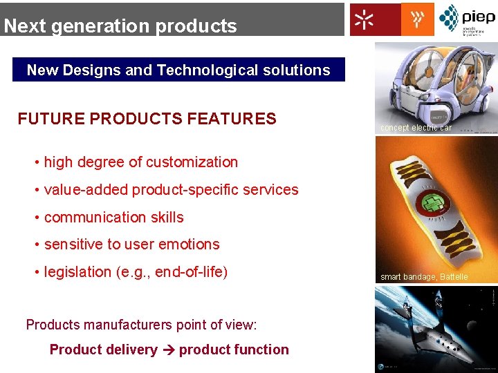 Next generation products New Designs and Technological solutions FUTURE PRODUCTS FEATURES concept electric car