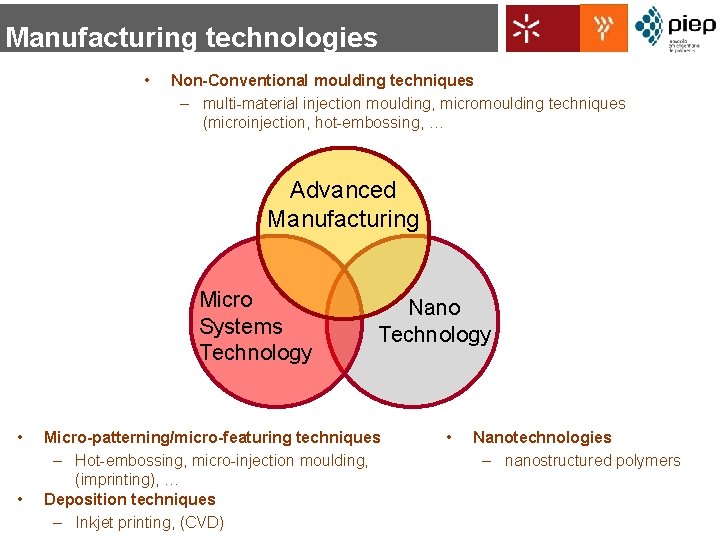 Manufacturing technologies • Non-Conventional moulding techniques – multi-material injection moulding, micromoulding techniques (microinjection, hot-embossing,