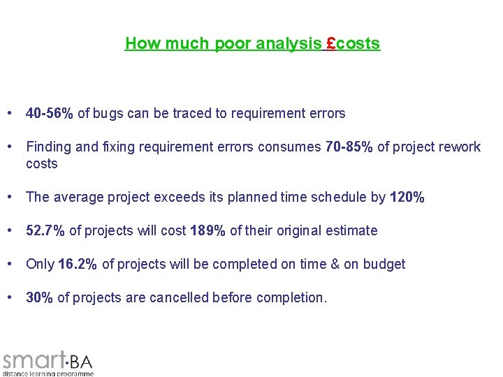 How much poor analysis £costs • 40 -56% of bugs can be traced to